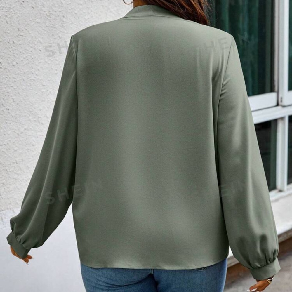 SHEIN Privé Plus Size Women's Tie Neckline Blouse Olive Green 4XL - Picture 2 of 6